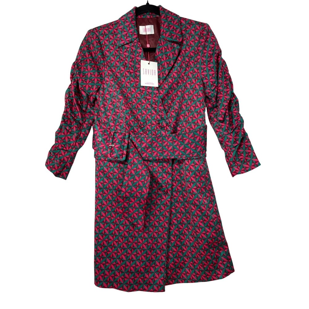 SAVIDA Women's Geometric Print Belted Blazer Dress Pink Green XS